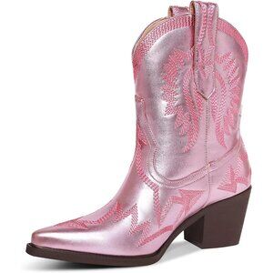 Women Metallic Embroidered Pointed Toe Cowgirl Boots Chunky Heel Pull-On Pink